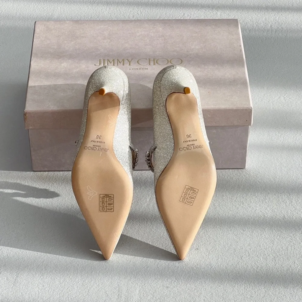 Jimmy Choo Silver Glitter Crystal-Strap Pointed Pumps